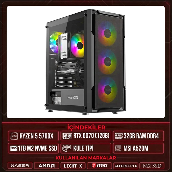 Xaser Light X50 Ryzen 7 5700X 32GB Ram 1TB M.2 NVMe SSD 12GB RTX5070 Masaüstü Oyuncu OEM Bilgisayar ürün görseli 1