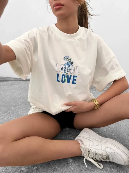 Unisex Bisiklet Yaka Baskılı Oversize T-shirt - Beyaz ürün görseli 1