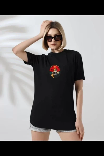 Unisex Kadın Bisiklet Yaka Baskılı T-shirt - Siyah ürün görseli 1
