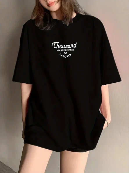 Thousand Ön Arka Baskılı Oversize Bisiklet Yaka T-shirt - Siyah ürün görseli 1