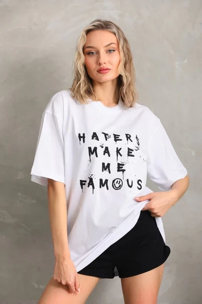 Unisex Baskılı Oversize T-shirt - Beyaz ürün görseli 1
