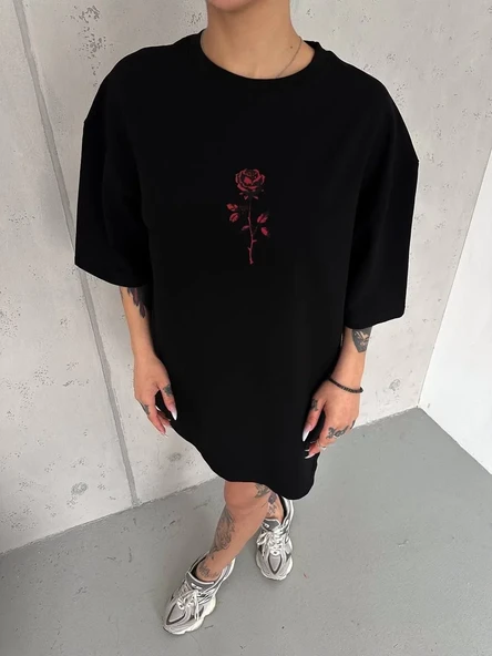 Unisex Bisiklet Yaka Baskılı Oversize T-shirt - Siyah ürün görseli 1