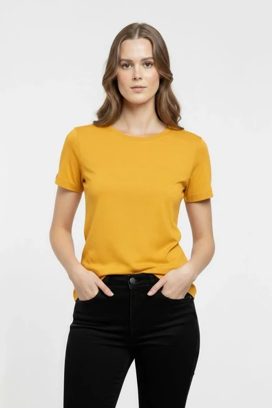 Kadın T-shirt Bisiklet Yaka Slim Fit Likralı Tişört Günlük Basic Body - Sarı ürün görseli 1