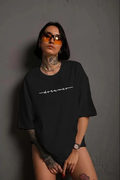 Unisex Kadın Bisiklet Yaka Baskılı T-shirt - Siyah ürün görseli 1
