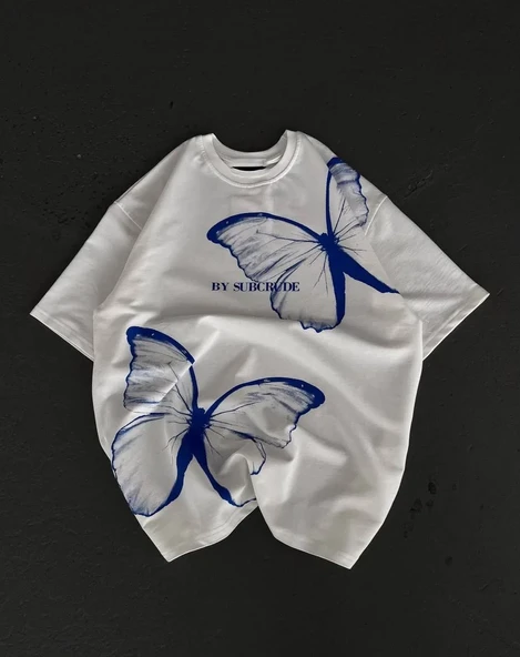 Unisex Bisiklet Yaka Baskılı Oversize T-shirt - Beyaz ürün görseli 1