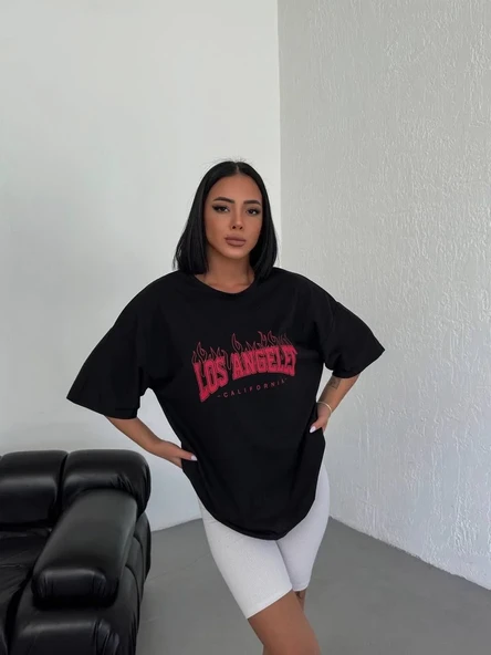 Unisex Bisiklet Yaka Baskılı Oversize T-shirt - Siyah ürün görseli 1