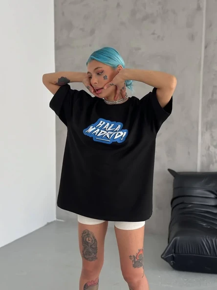 Unisex Bisiklet Yaka Baskılı Oversize T-shirt - Siyah ürün görseli 1