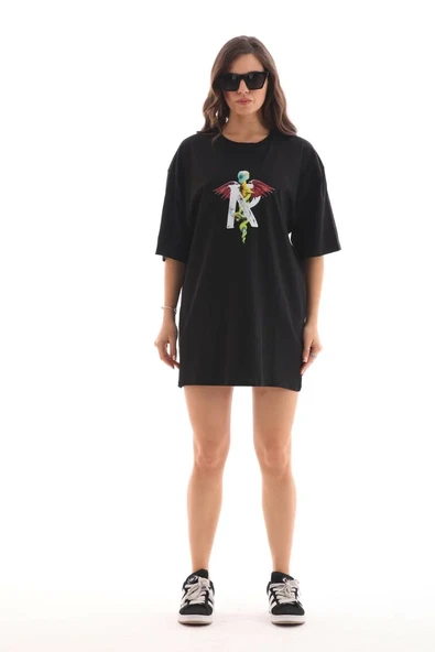 Unisex Bisiklet Yaka Baskılı Oversize T-shirt - Siyah ürün görseli 1