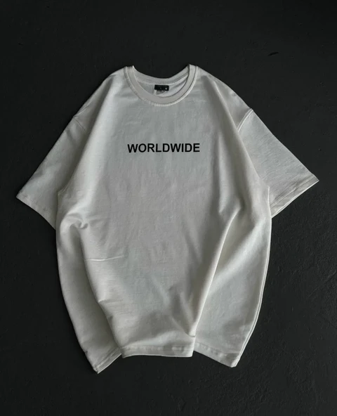 Unisex Bisiklet Yaka Baskılı Oversize T-shirt - Beyaz ürün görseli 1