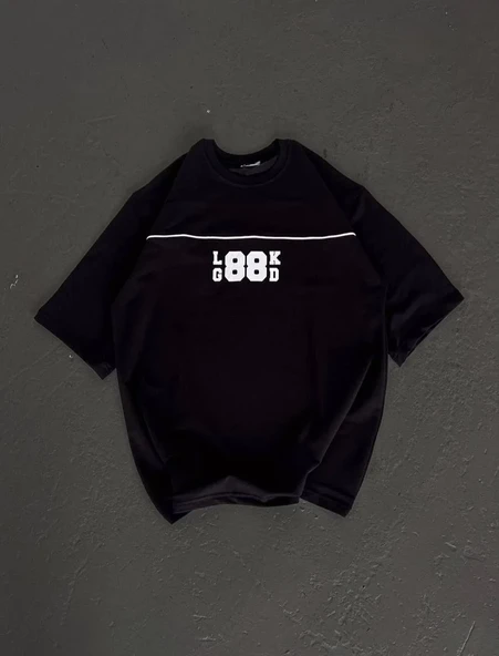 Unisex Bisiklet Yaka Baskılı Oversize T-shirt - Siyah ürün görseli 1