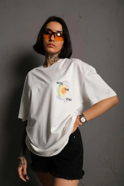 Unisex Bisiklet Yaka Baskılı Oversize T-shirt - Beyaz ürün görseli 1