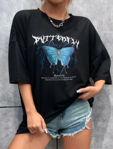 Unisex Baskılı Oversize T-shirt - Siyah ürün görseli 1