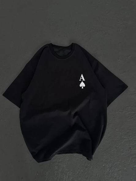 Unisex Bisiklet Yaka Baskılı Oversize T-shirt - Siyah ürün görseli 1