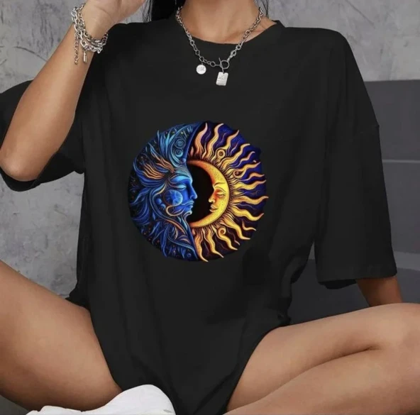 Unisex Bisiklet Yaka Baskılı Oversize T-shirt - Siyah ürün görseli 1