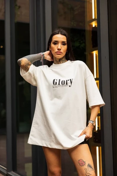 Unisex Bisiklet Yaka Baskılı Oversize T-shirt - Beyaz ürün görseli 1