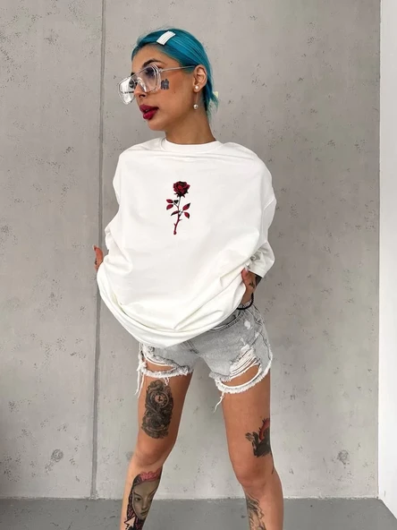 Unisex Bisiklet Yaka Baskılı Oversize T-shirt - Beyaz ürün görseli 1