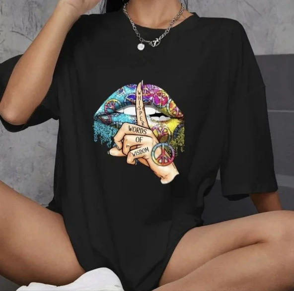 Unisex Bisiklet Yaka Baskılı Oversize T-shirt - Siyah ürün görseli 1
