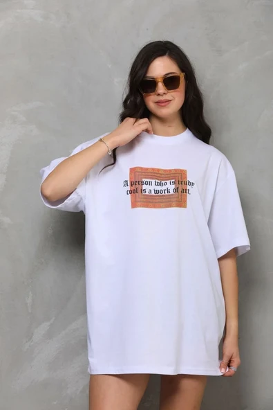 Unisex Bisiklet Yaka Baskılı Oversize T-shirt - Beyaz ürün görseli 1
