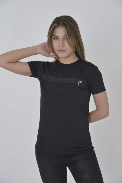 Kadın Göğüste Fermuar Aksesuarlı Dar Kalıp T-shirt - Siyah ürün görseli 1