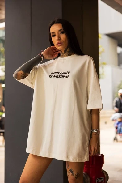 Unisex Bisiklet Yaka Baskılı Oversize T-shirt - Beyaz ürün görseli 1