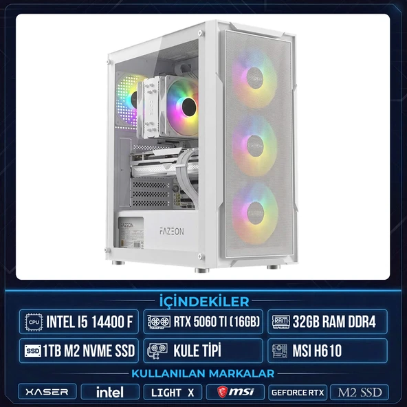 Xaser Light X100 i5 14400F 32GB Ram 1TB M.2 NVMe SSD 16GB RTX5060 Ti Masaüstü Oyuncu OEM Bilgisayar ürün görseli 1