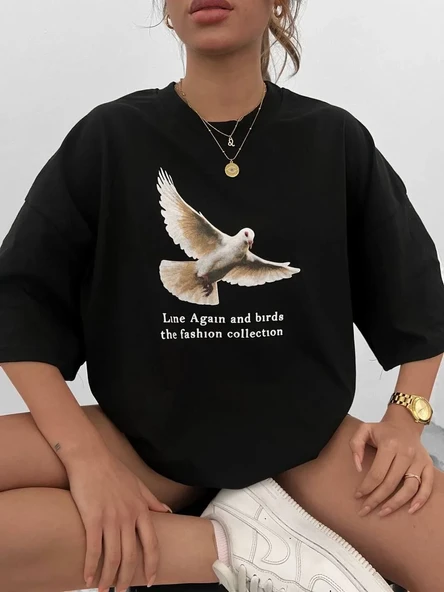 Unisex Bisiklet Yaka Baskılı Oversize T-shirt - Siyah ürün görseli 1