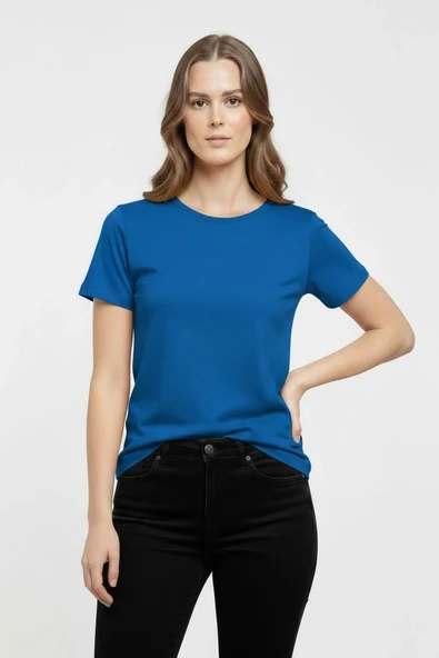 Kadın T-shirt Bisiklet Yaka Slim Fit Likralı Tişört Günlük Basic Body - İndigo ürün görseli 1