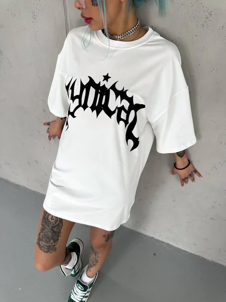 Unisex Bisiklet Yaka Baskılı Oversize T-shirt - Beyaz ürün görseli 1