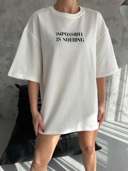Unisex Bisiklet Yaka Baskılı Oversize T-shirt - Beyaz ürün görseli 1