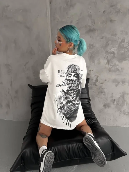 Unisex Baskılı Oversize T-shirt - Beyaz ürün görseli 1