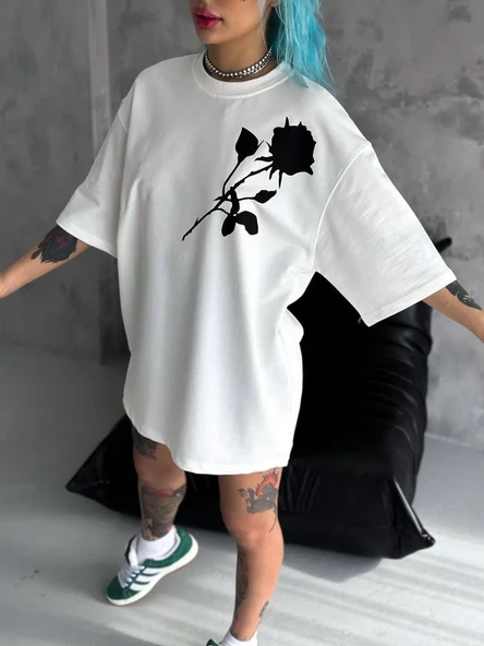 Unisex Bisiklet Yaka Baskılı Oversize T-shirt - Beyaz ürün görseli 1