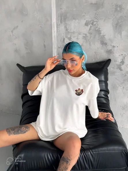 Unisex Bisiklet Yaka Baskılı Oversize T-shirt - Beyaz ürün görseli 1