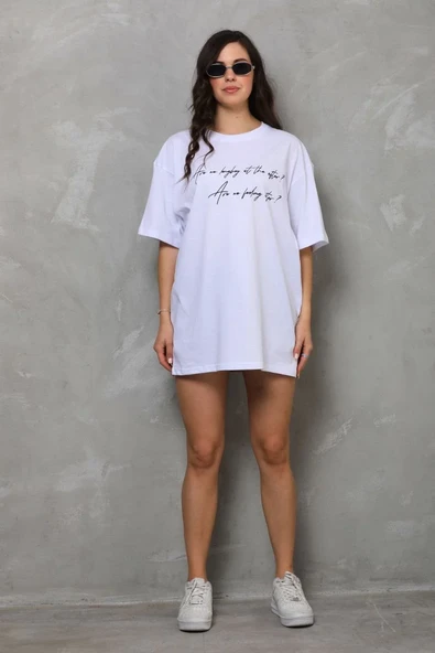 Unisex Bisiklet Yaka Baskılı Oversize T-shirt - Beyaz ürün görseli 1