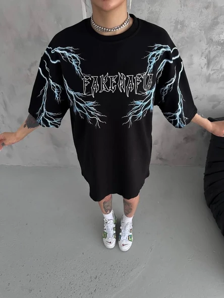 Unisex Bisiklet Yaka Baskılı Oversize T-shirt - Siyah ürün görseli 1