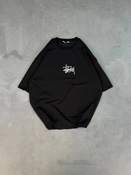 Unisex Bisiklet Yaka Baskılı Oversize T-shirt - Siyah ürün görseli 1
