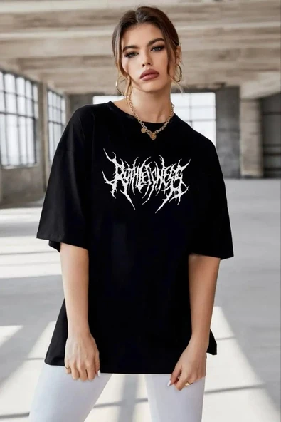 Unisex Bisiklet Yaka Baskılı Oversize T-shirt - Siyah ürün görseli 1