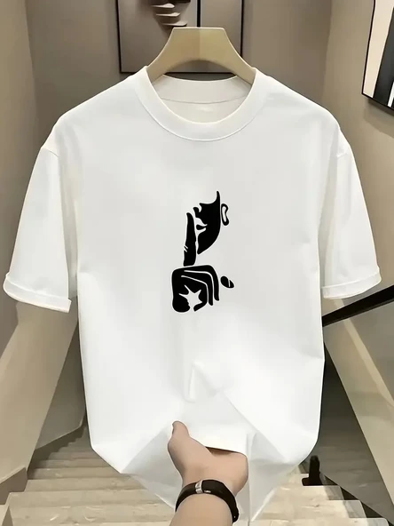 Rahat Bisiklet Yaka Tişört, Yaratıcı Karikatür Baskı - Yumuşak Polyester, Her Mevsim Giyilebilir- Beyaz ürün görseli 1