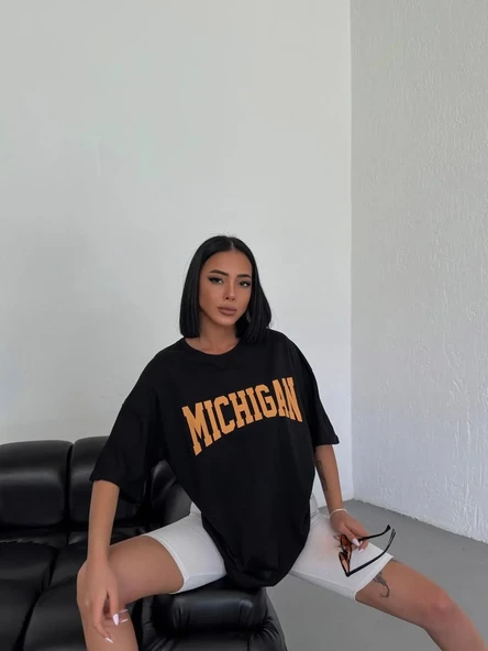 Unisex Bisiklet Yaka Baskılı Oversize T-shirt - Siyah ürün görseli 1