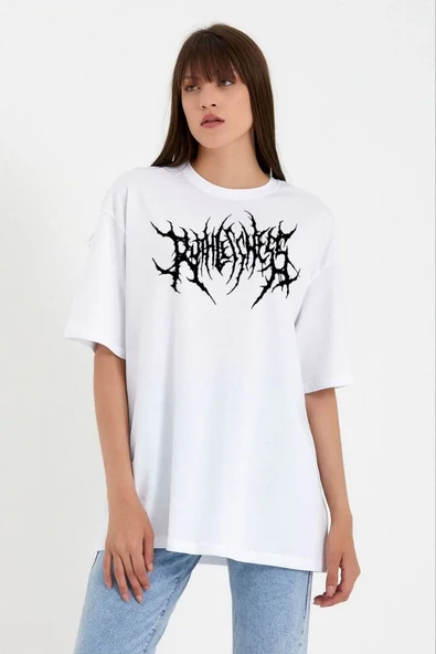 Unisex Bisiklet Yaka Baskılı Oversize T-shirt - Beyaz ürün görseli 1