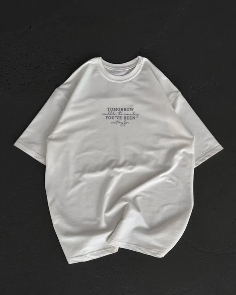 Unisex Bisiklet Yaka Baskılı Oversize T-shirt - Beyaz ürün görseli 1