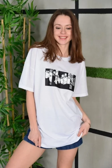 Unisex Bisiklet Yaka Baskılı Oversize T-shirt - Beyaz ürün görseli 1