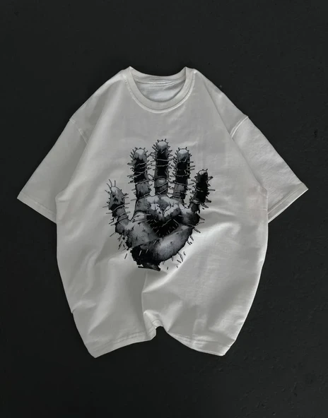 Unisex Bisiklet Yaka Baskılı Oversize T-shirt - Beyaz ürün görseli 1