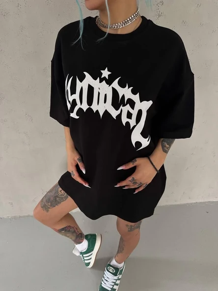 Unisex Bisiklet Yaka Baskılı Oversize T-shirt - Siyah ürün görseli 1