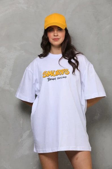 Unisex Bisiklet Yaka Baskılı Oversize T-shirt - Beyaz ürün görseli 1