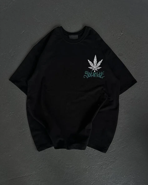 Unisex Bisiklet Yaka Baskılı Oversize T-shirt - Siyah ürün görseli 1
