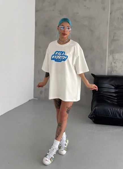 Unisex Bisiklet Yaka Baskılı Oversize T-shirt - Beyaz ürün görseli 1