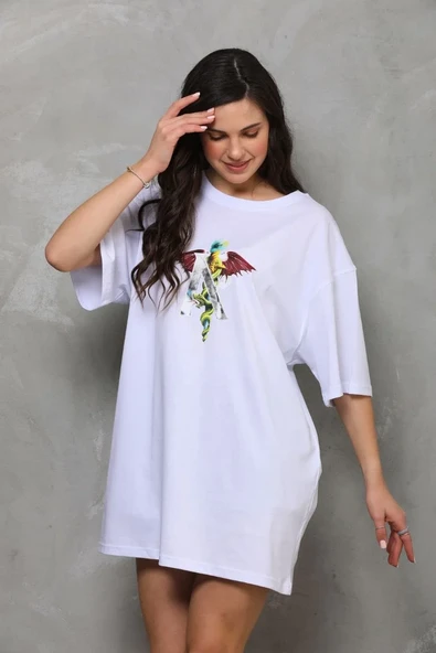 Unisex Bisiklet Yaka Baskılı Oversize T-shirt - Beyaz ürün görseli 1