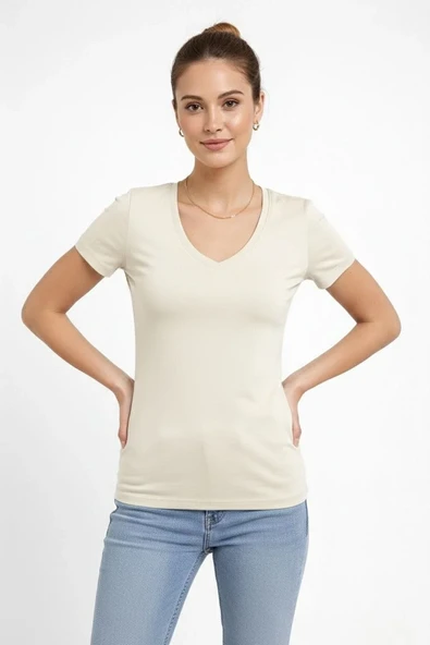 Kadın T-shirt V Yaka Slim Fit Likralı Tişört Günlük Basic Body - Taş ürün görseli 1