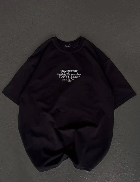 Unisex Bisiklet Yaka Baskılı Oversize T-shirt - Siyah ürün görseli 1