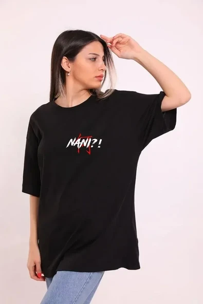 Unisex Bisiklet Yaka Baskılı Oversize T-shirt - Siyah ürün görseli 1